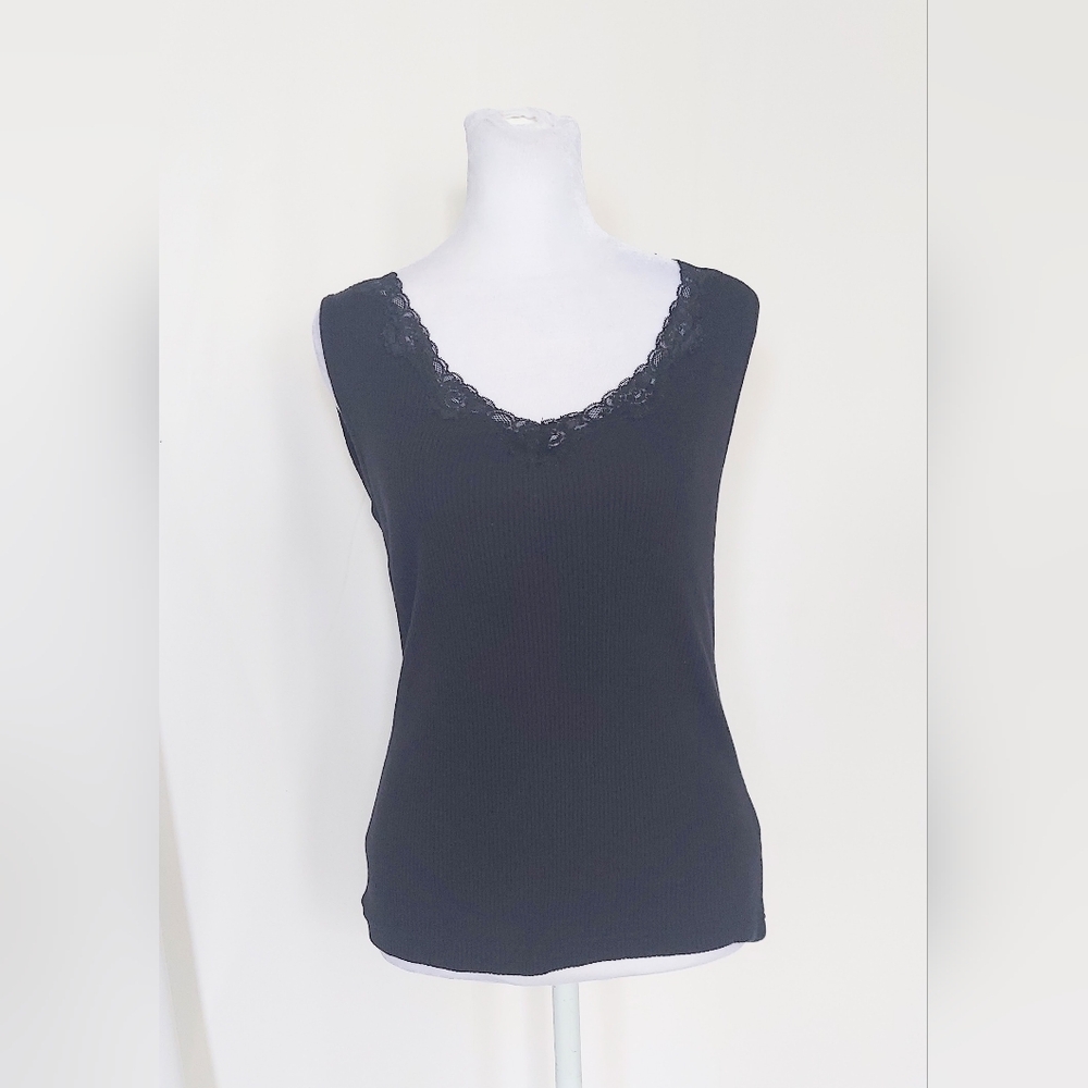 Apostrophe Sleeveless Ribbed Tank Top Black Size Medium 100% Cotton